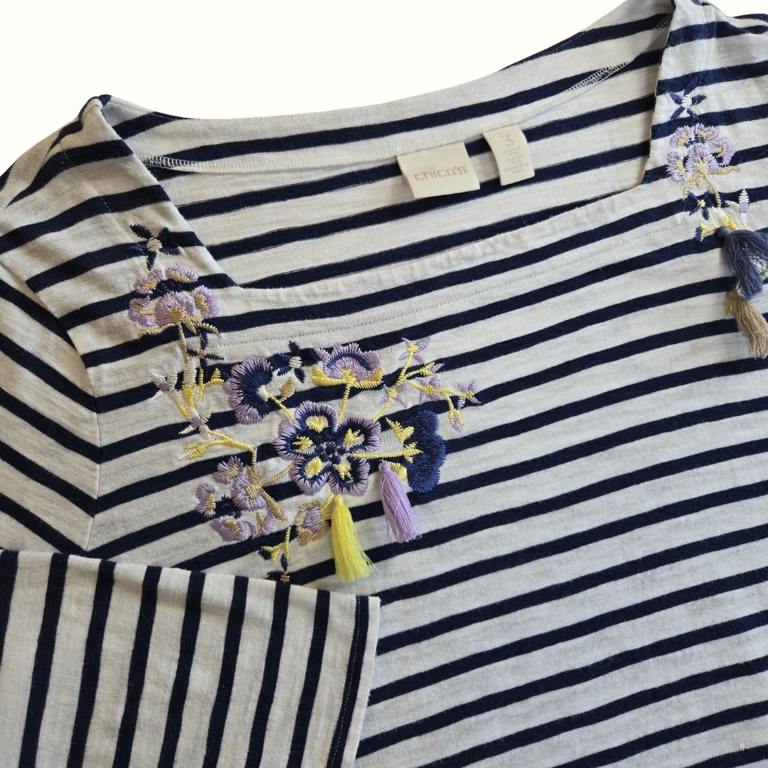 Chico's Top Womens Sz 3 Nautical Embroidery Detail Tunic Navy Blue Coastal Sz Xl